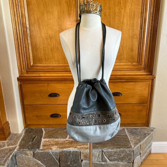 Morgan Le Fay Vintage Grey Leather and Suede Studded Bag - Picture 5 of 11